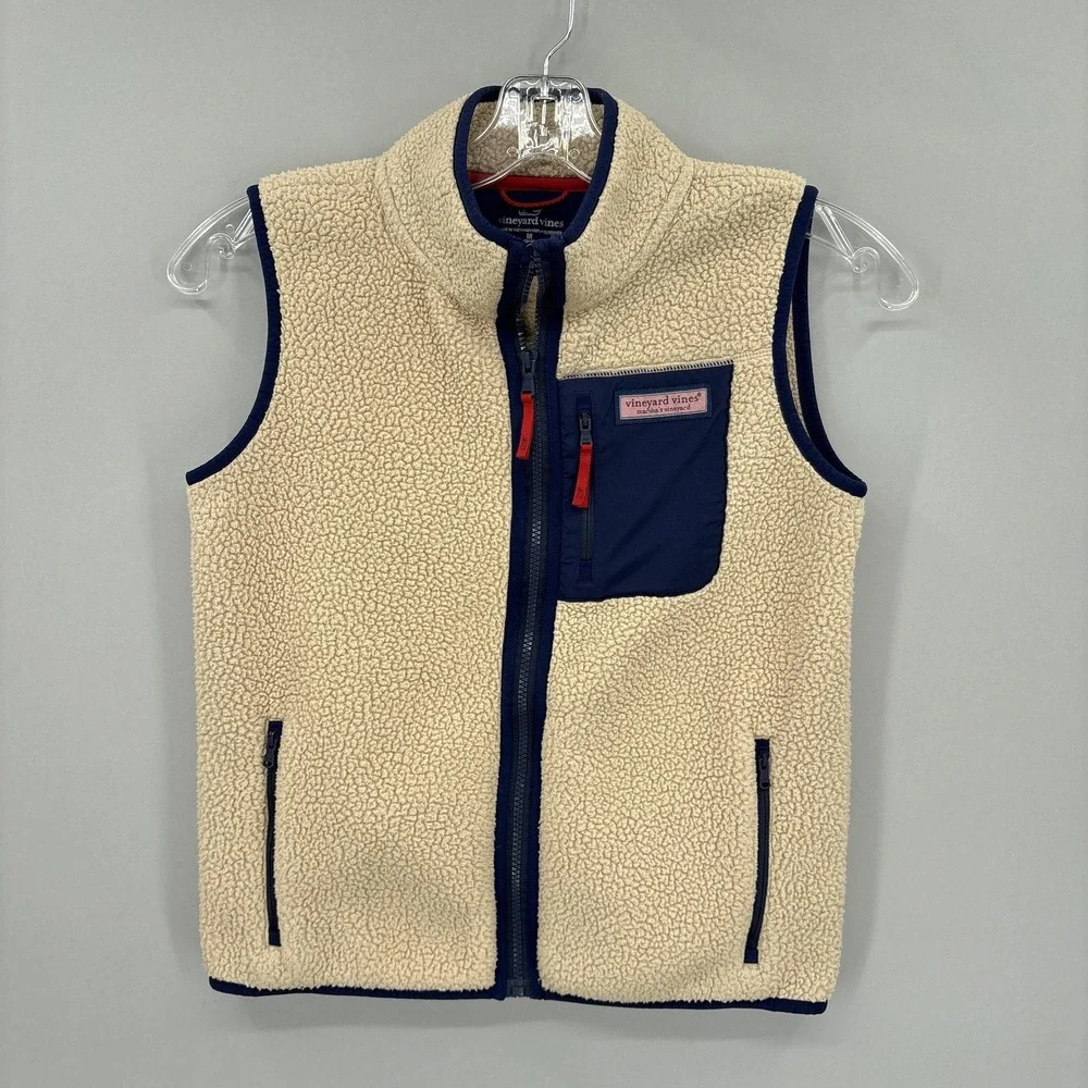 Vineyard Vines Vest Boys 12-14 M Beige Navy Sherpa Fleece Zip Pockets Oatmeal
